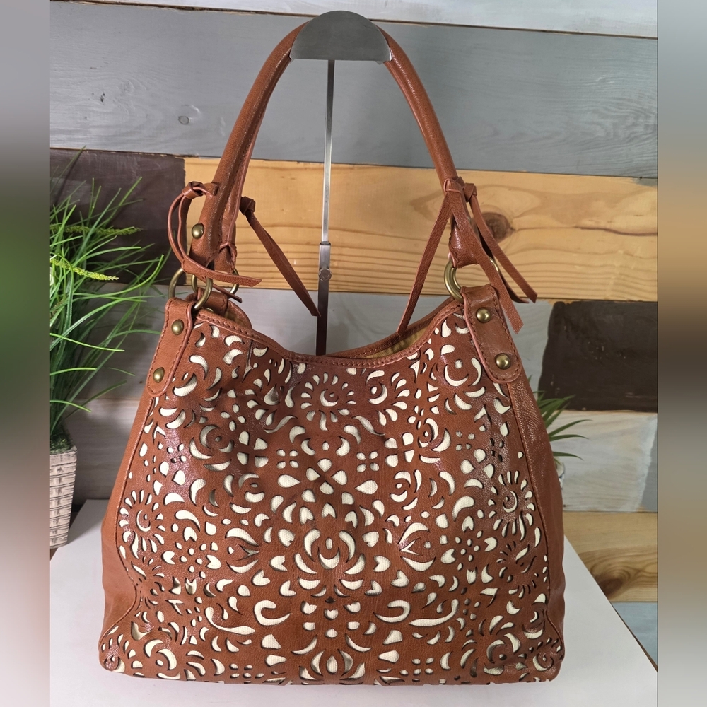 Isabella Fiore Brown Laser-Cut Shoulder Bag with Cream Lining